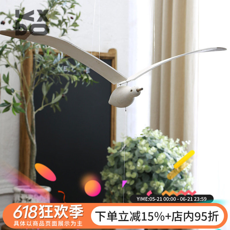 YBOX创意木制会飞的海鸥儿童房民宿空中悬挂吊饰逗猫玩具手工艺品
