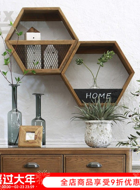 YBOX复古六角置物架实木墙面电视背景墙装饰搁板装饰老松木壁挂式