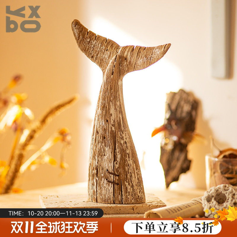 YBOX实木复古诧寂风手工鱼尾巴摆件民宿样板房装饰鲸鱼尾巴工艺品