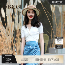 OBEG欧碧倩V领蝴蝶结针织衫夏季修身短袖上衣104150