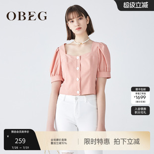 104048 OBEG欧碧倩夏季 棉麻上衣女时尚 方领泡泡袖 短衬衫