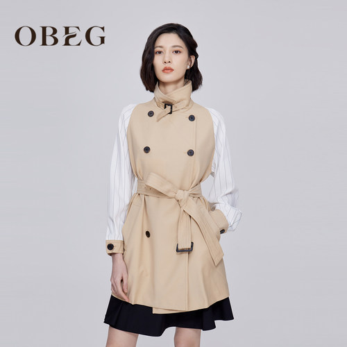 OBEG欧碧倩奥莱特卖秋收腰气质时尚条纹拼接风衣外套女10421053