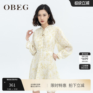 OBEG欧碧倩木耳边碎花风琴褶宫廷风收腰连衣裙50441543
