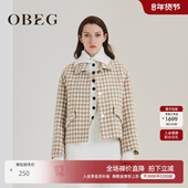 OBEG欧碧倩冬季 感小个子毛呢千鸟格羊毛短外套女10404104