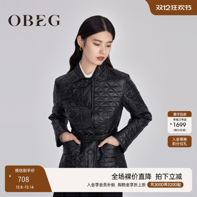 OBEG欧碧倩简约收腰绗缝轻薄棉衣女修身短外套冬季10444039