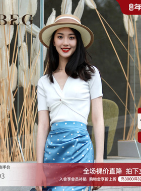 OBEG欧碧倩V领蝴蝶结针织衫夏季修身短袖上衣104150