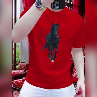 马年新款独特别致个性黑马印花短袖t恤男生本命年红色半袖上衣服