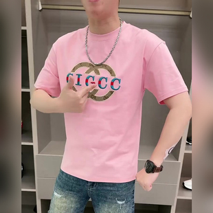 夏季新款潮牌时尚简约别致设计感字母印花粉红色短袖t恤男体恤衫
