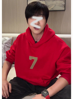 今年流行数字7印花美式宽松简约连帽红色卫衣男生长袖帽衫情侣装