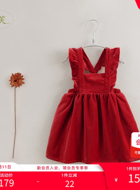 【打折】马克珍妮女童花边纯棉背带裙新年款宝宝红色裙子冬221606