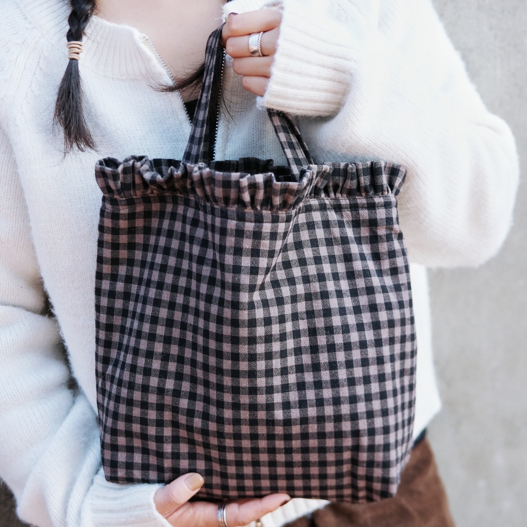 Sapana2024新品原创自制小众复古日系小格子花边棉布手提包手拎包-封面