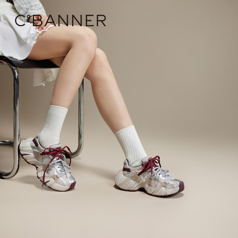 千百度厚底时尚老爹鞋女款秋季新款网面透气增高运动休闲鞋