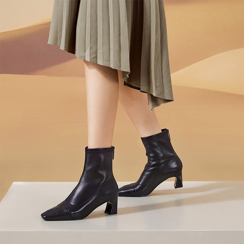 千百度女靴法式复古小方头时装靴通勤女短靴气质细腻羊皮瘦瘦靴,女鞋,时装靴,淘宝优惠券,粉丝福利购,淘宝优惠卷
