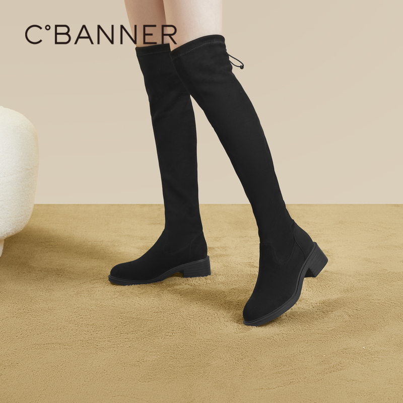千百度弹力抽绳过膝瘦瘦靴