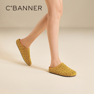 千百度镂空平底勃肯鞋女夏季新款薄底外穿透气一脚蹬包头拖鞋