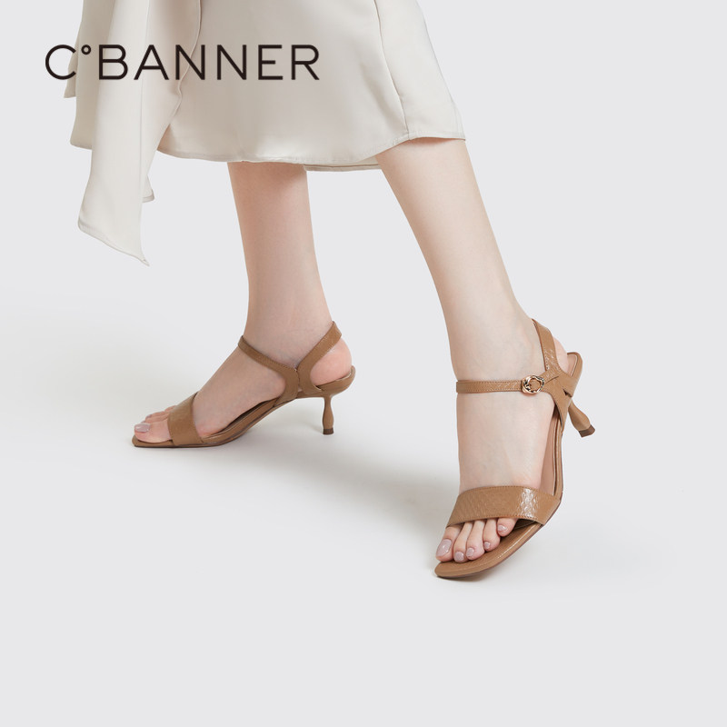 千百度女鞋夏季新款时装凉鞋真皮高跟凉鞋一字带百搭不累脚