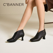 秋冬新款 千百度羊皮粗跟装 靴女款 皮靴通勤踝靴方头气质小短靴