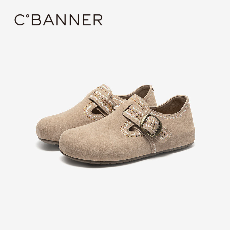 千百度薄底内增高全包勃肯鞋女2026春季新款复古扣饰平底浅口单鞋