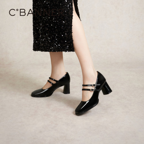 千百度双带扣玛丽珍粗高跟