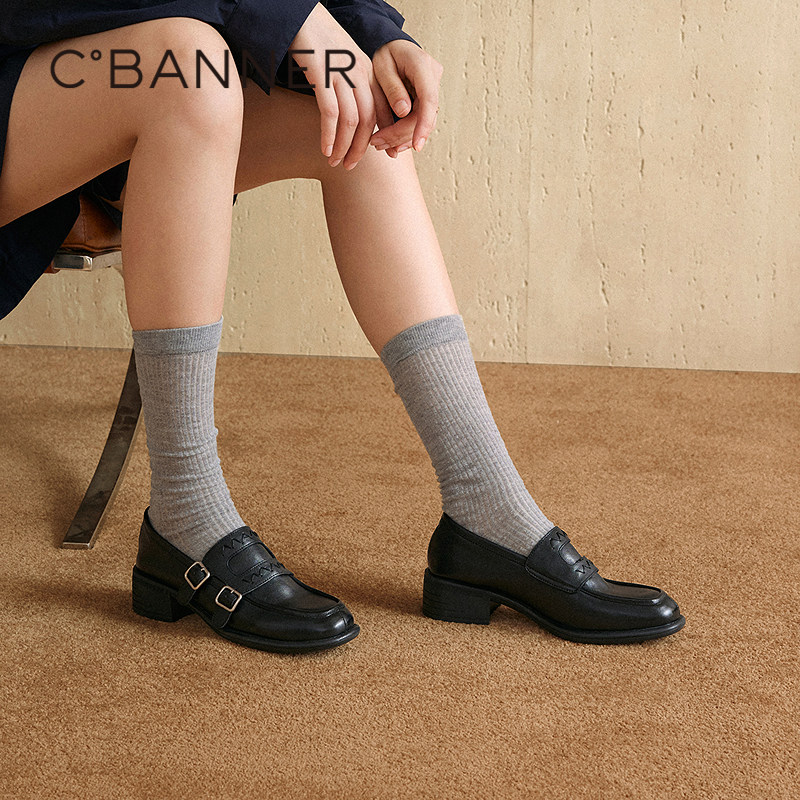 千百度中跟厚底乐福鞋女款2025秋季新款通勤小皮鞋牛皮深口单鞋