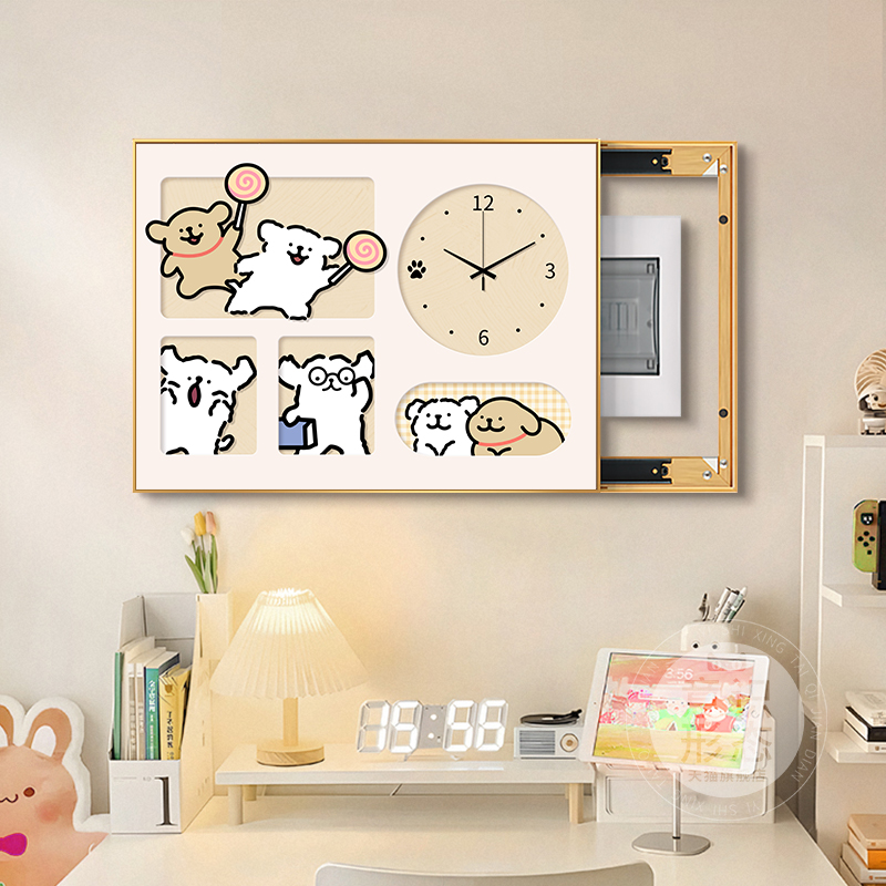 卡通线条小狗电表箱装饰画弱电源配电箱创意带钟表免打孔遮挡挂画