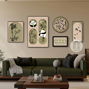 覆古风熊猫客厅装饰画高级感沙发背景墙挂画小众艺术组合五联壁画