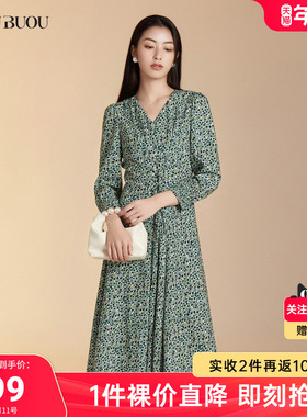 【9.16上新】Buou Buou秋新品法式浪漫气质V领印花连衣裙BJ1G011