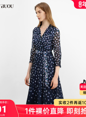 【9.16上新】Buou Buou商场同款优雅V领系带印花连衣裙女BI3G332
