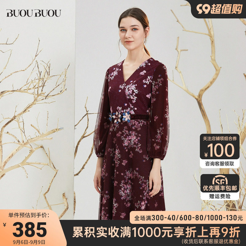 BuouBuou秋季法式时尚复古印花显瘦V领泡泡袖绵羊毛连衣裙BG4G146属于什么档次？