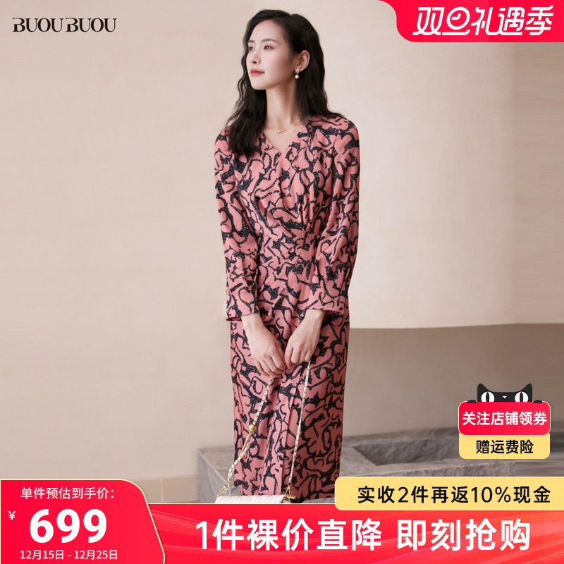 【关注领券】Buou Buou2025秋季新品复古V领印花连衣裙女BJ4G336