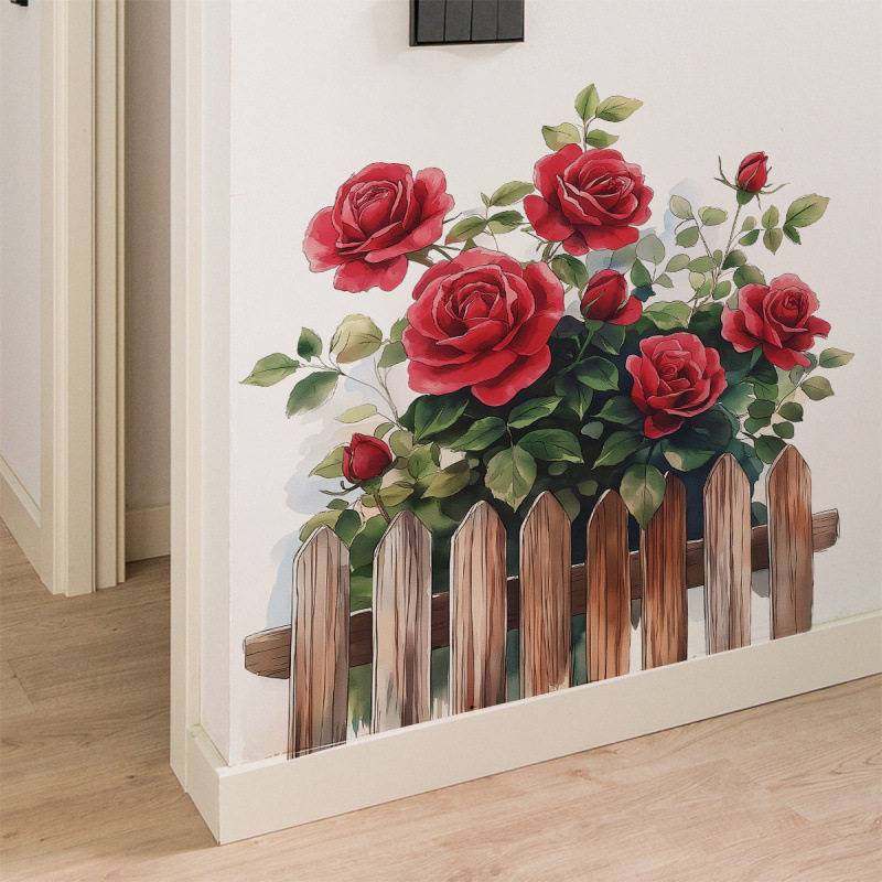 水彩浪漫玫瑰花逼真栅栏贴画自粘卧室客厅门贴踢脚线装饰墙贴防水