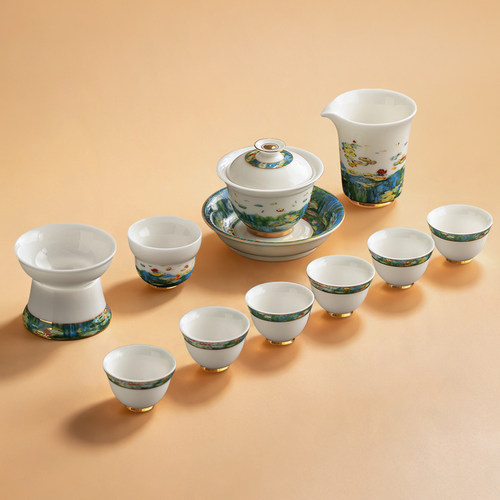 徐建勇莫奈睡莲茶具套组高档陶瓷盖碗整套茶具泡茶节日礼物礼盒装