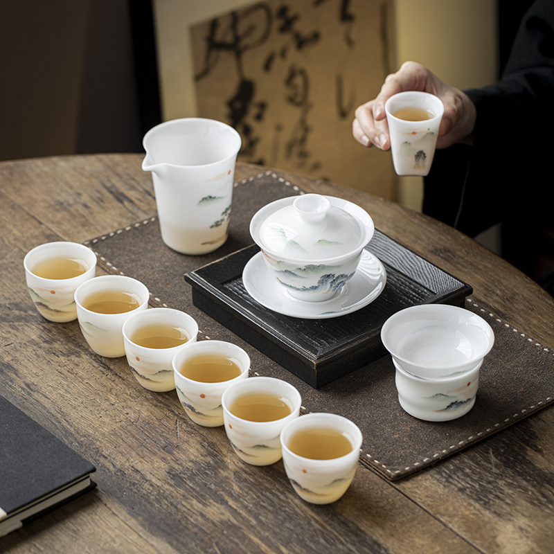 匠仙白皙玉泥旭日东升茶具套装高档冰种手绘功夫茶具整套盖碗茶具