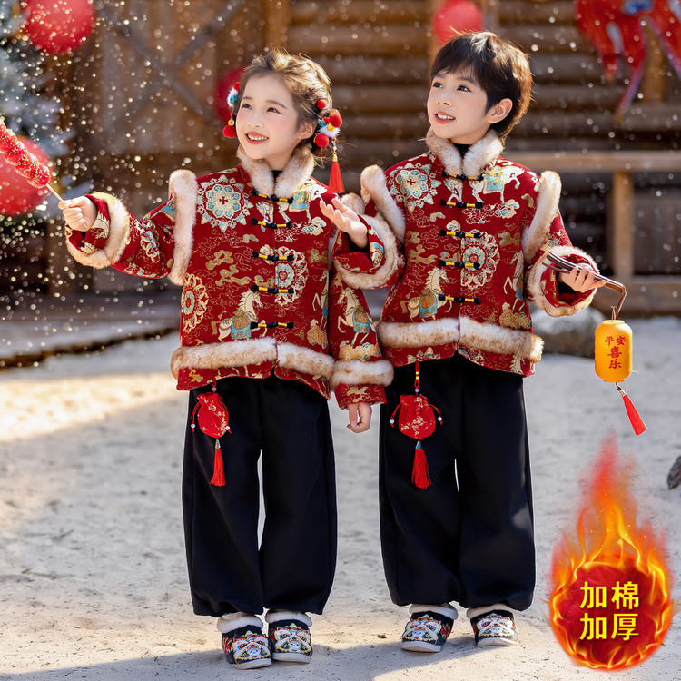 男童汉服女童拜年服马年新款冬季加厚儿童中国风唐装周岁礼服套装