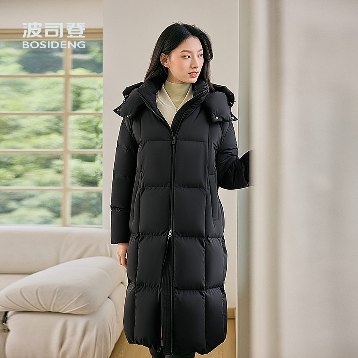 波司登奥莱冬季女士简约加厚羽绒服过膝连帽外套保暖中长款休闲