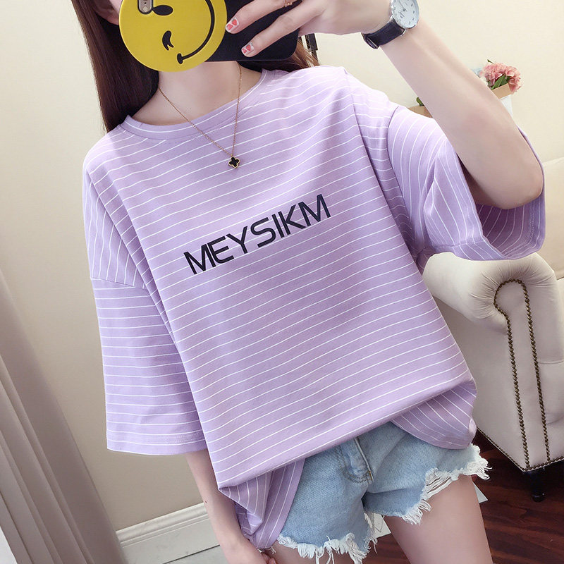 七分中袖T恤女夏季韩版大版宽松百搭纯棉条纹学生5分短袖体桖上衣