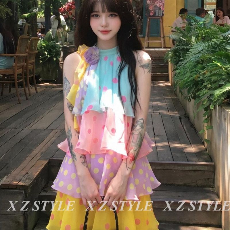 多巴胺糖果少女彩色波点挂脖连衣裙夏季新款甜美风A字蛋糕短裙子