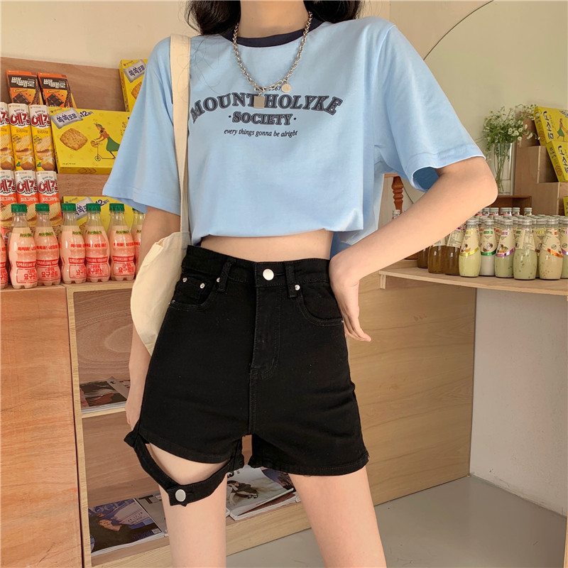 Real shot real price Korean high waist loose and thin pants leg split bandage jeans hot pants women's Summer Shorts