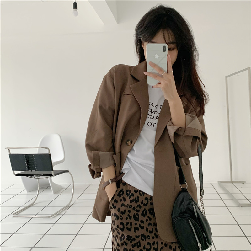 Real price new suit jacket round neck versatile T-shirt leopard skirt three piece set