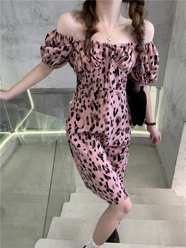 Real price 2021 summer new square collar Platycodon grandiflorum French Pink Leopard Short Sleeve Dress