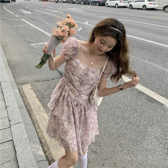 New French floral square neck bubble sleeve romantic floral slim dress