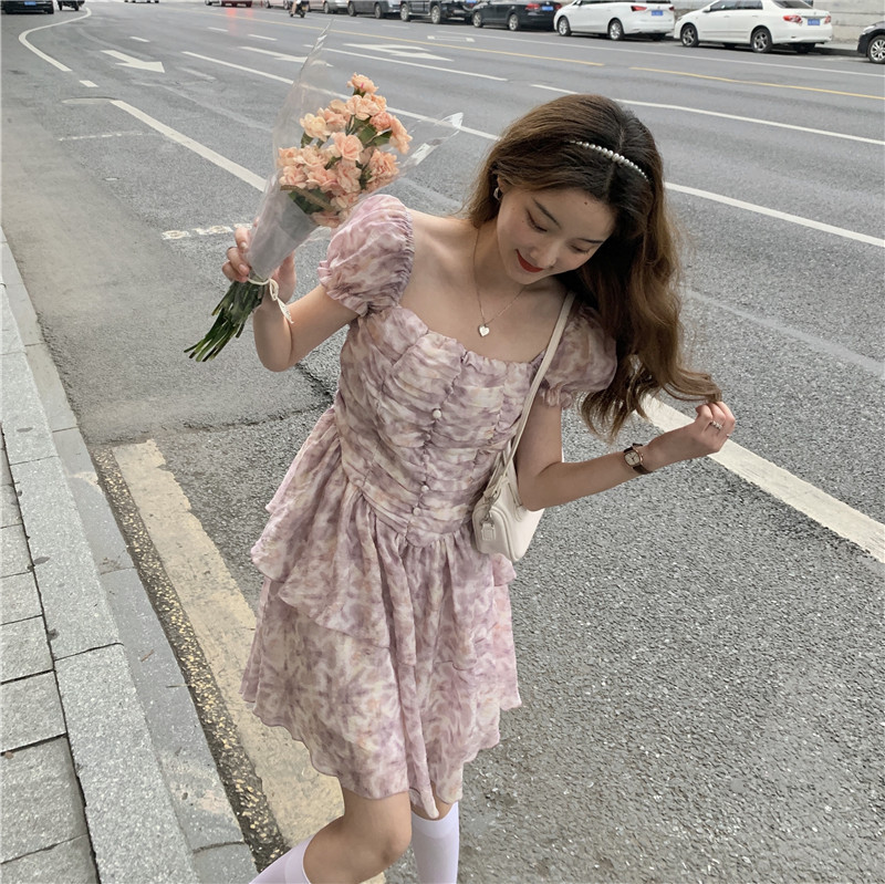 New French floral square neck bubble sleeve romantic floral slim dress