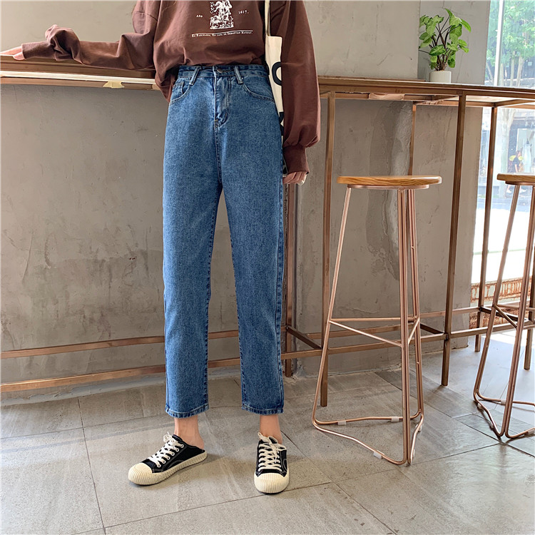 Real shot real price Korean style students retro versatile denim high waist nine point girlfriends straight pants