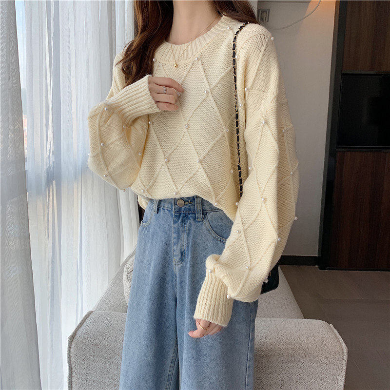 Real shot real price winter Korean versatile round neck diamond lattice nail bead sweater bubble long sleeve women