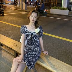 Real price 2021 summer new style fresh and sweet one word shoulder temperament waist show thin Floral Dress