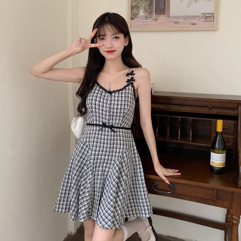 Real price new French bow design waist down slim Plaid suspender dress