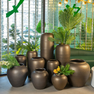 复古景德镇金色花瓶高级感粗陶陶瓷摆件客厅插花陶罐干花水培花器