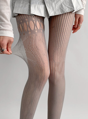 新品小众灰色镂空渔网袜y2k辣妹蕾丝拼接丝袜百搭少女ab款连裤袜