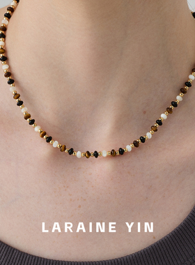 Savi博主同款虎眼石黑玛瑙撞色串珠项链 小众复古百搭锁骨链