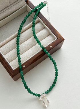 小众设计绿色天然石串珠项链925纯银蝴蝶结吊坠锁骨链新中式古风
